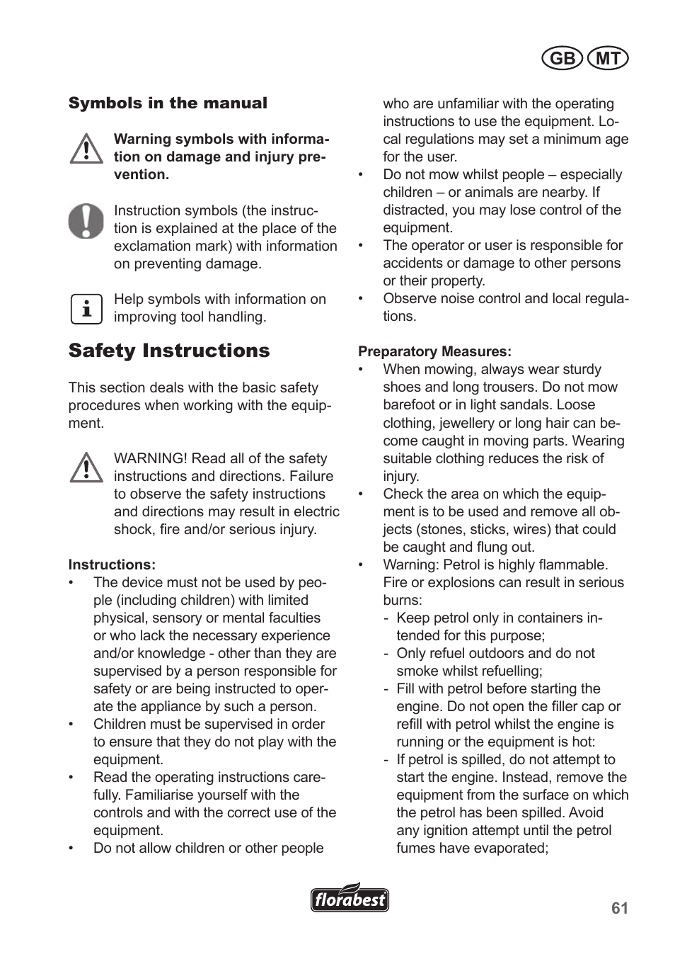 Safety instructions, Gb mt | Florabest FBM 190 A1 User Manual | Page 61 / 100