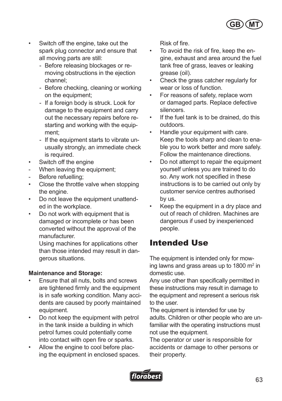 Intended use, Gb mt | Florabest FBM 190 A1 User Manual | Page 63 / 100