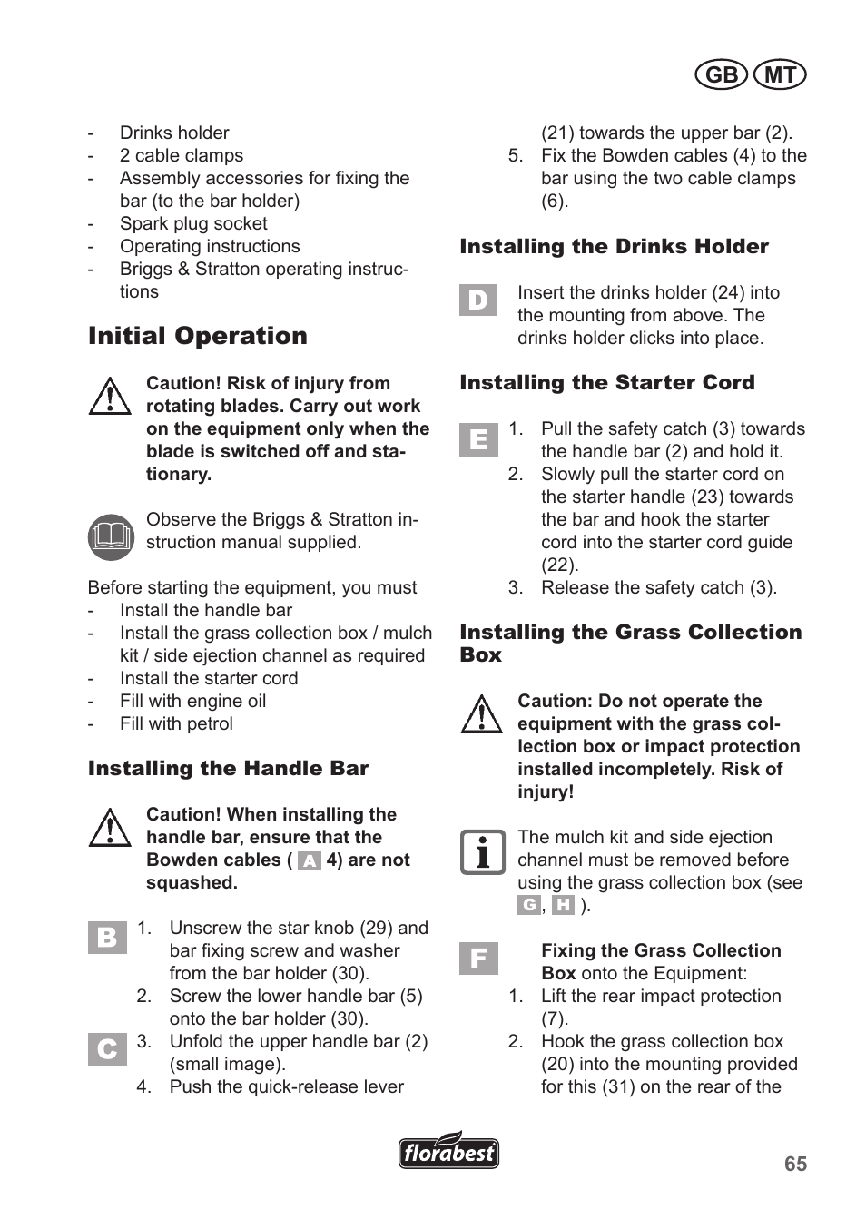 Initial operation, Gb mt | Florabest FBM 190 A1 User Manual | Page 65 / 100