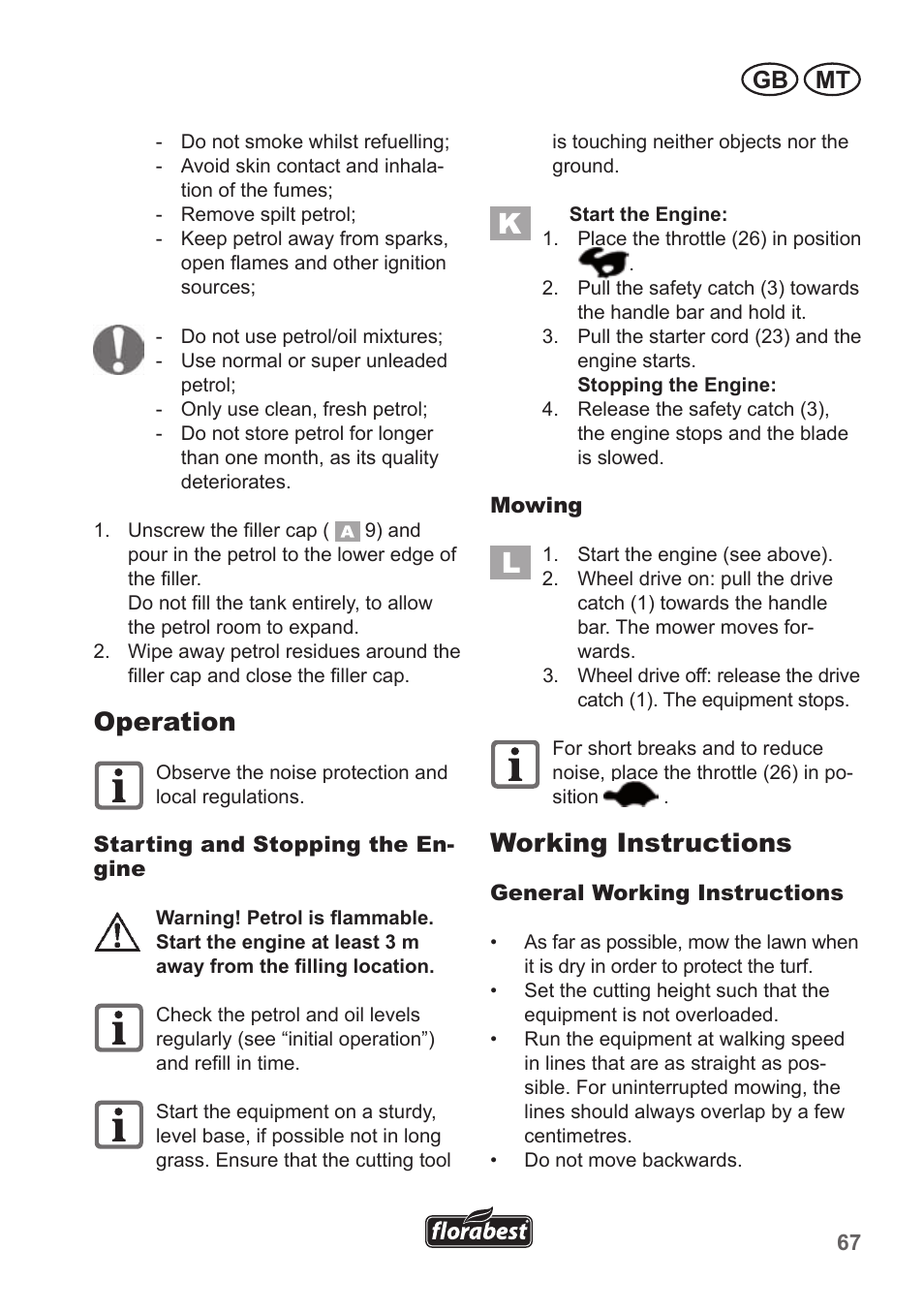 Operation, Working instructions, Gb mt | Florabest FBM 190 A1 User Manual | Page 67 / 100