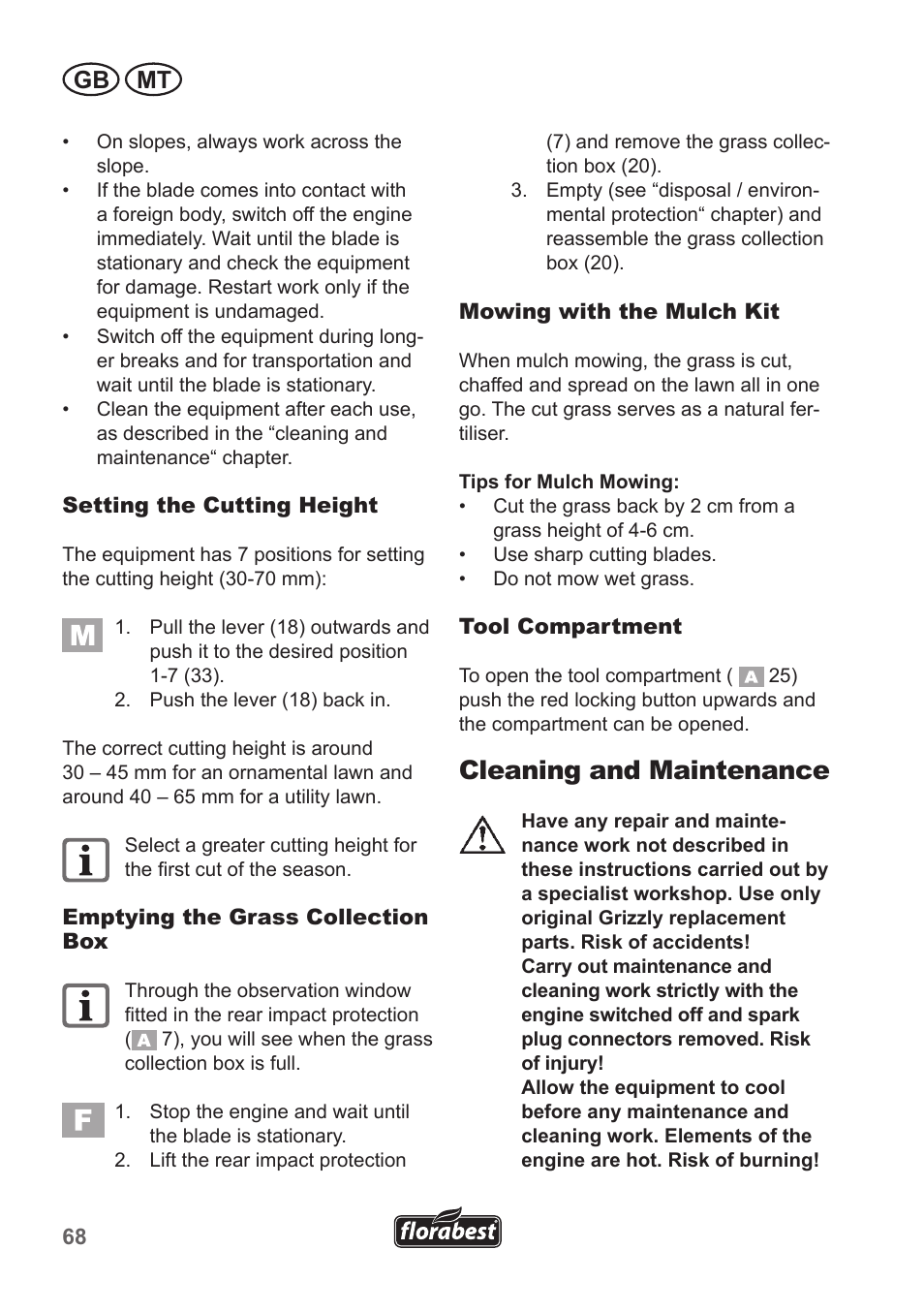 Cleaning and maintenance, Gb mt | Florabest FBM 190 A1 User Manual | Page 68 / 100