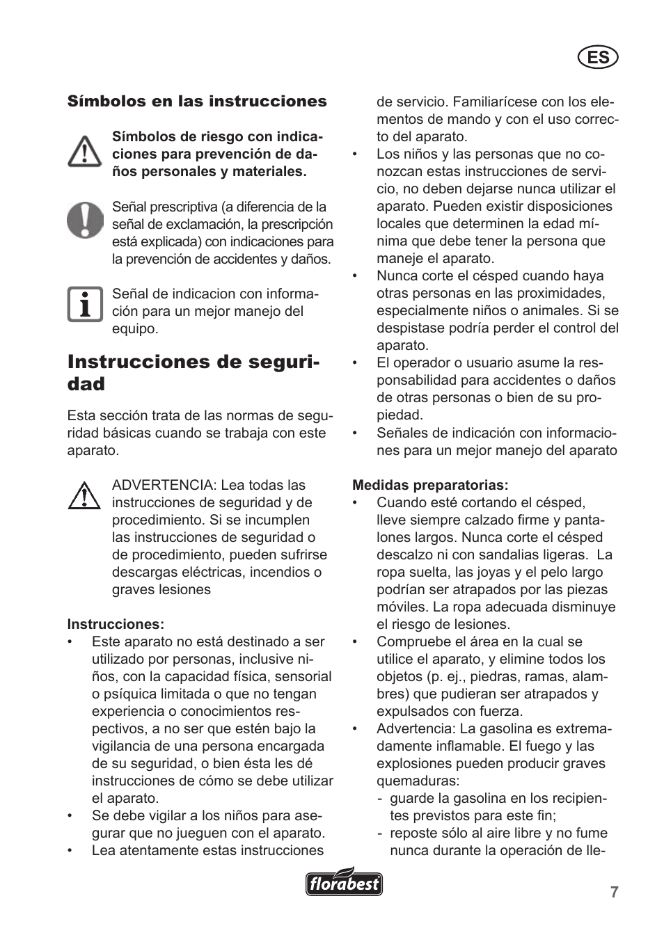 Instrucciones de seguri- dad | Florabest FBM 190 A1 User Manual | Page 7 / 100
