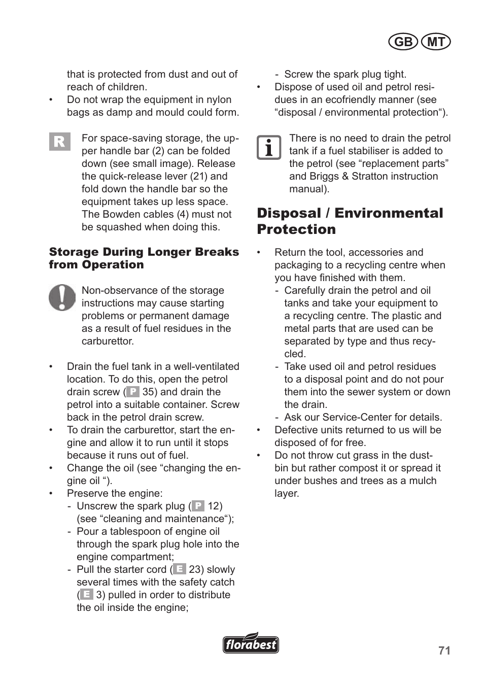 Disposal / environmental protection, Gb mt | Florabest FBM 190 A1 User Manual | Page 71 / 100