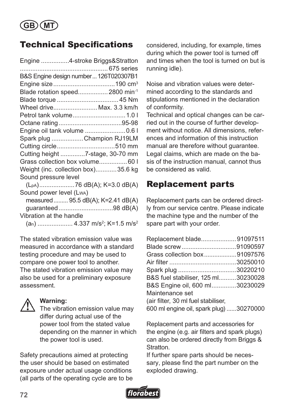Technical specifications, Replacement parts, Gb mt | Florabest FBM 190 A1 User Manual | Page 72 / 100