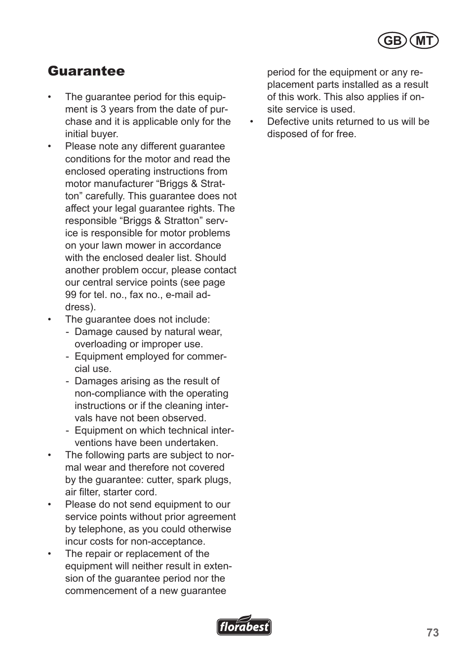 Guarantee, Gb mt | Florabest FBM 190 A1 User Manual | Page 73 / 100
