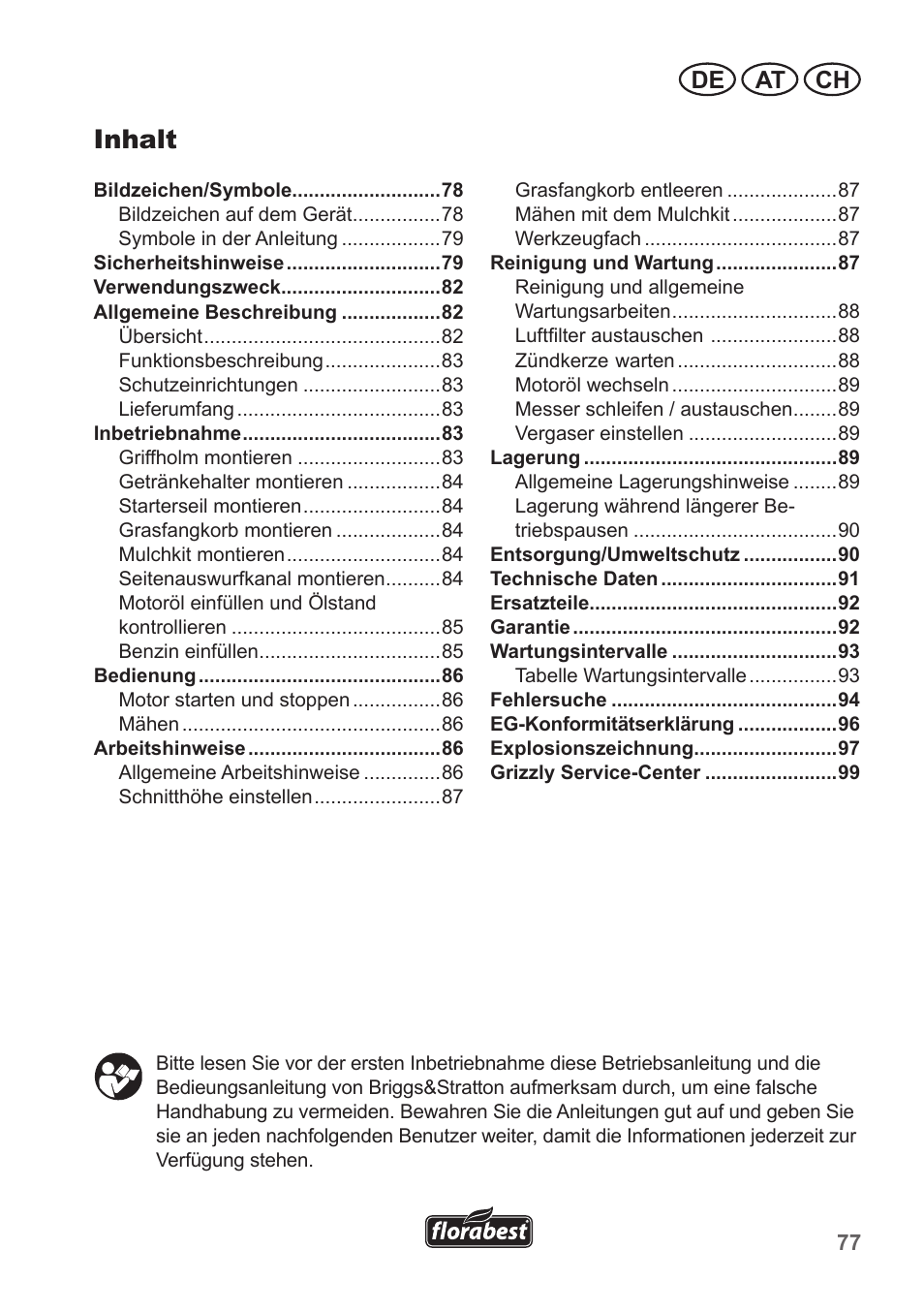 Inhalt, De at ch | Florabest FBM 190 A1 User Manual | Page 77 / 100