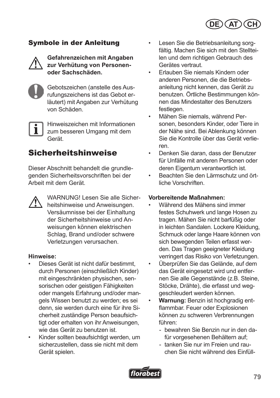 Sicherheitshinweise, De at ch | Florabest FBM 190 A1 User Manual | Page 79 / 100