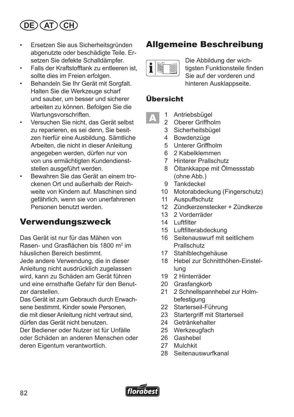 Verwendungszweck, Allgemeine beschreibung, De at ch | Florabest FBM 190 A1 User Manual | Page 82 / 100