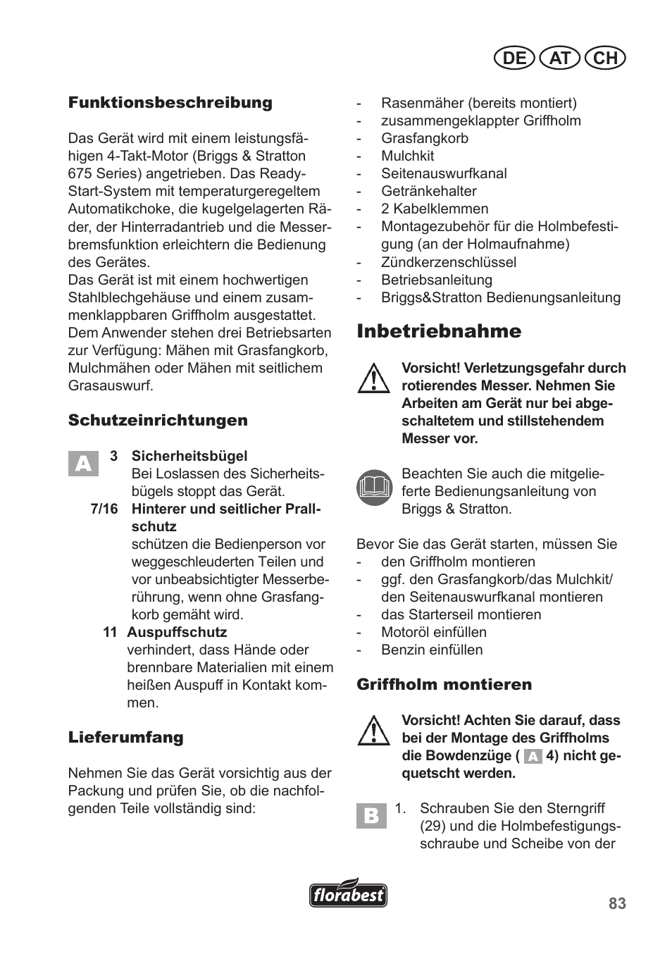 Inbetriebnahme, De at ch | Florabest FBM 190 A1 User Manual | Page 83 / 100