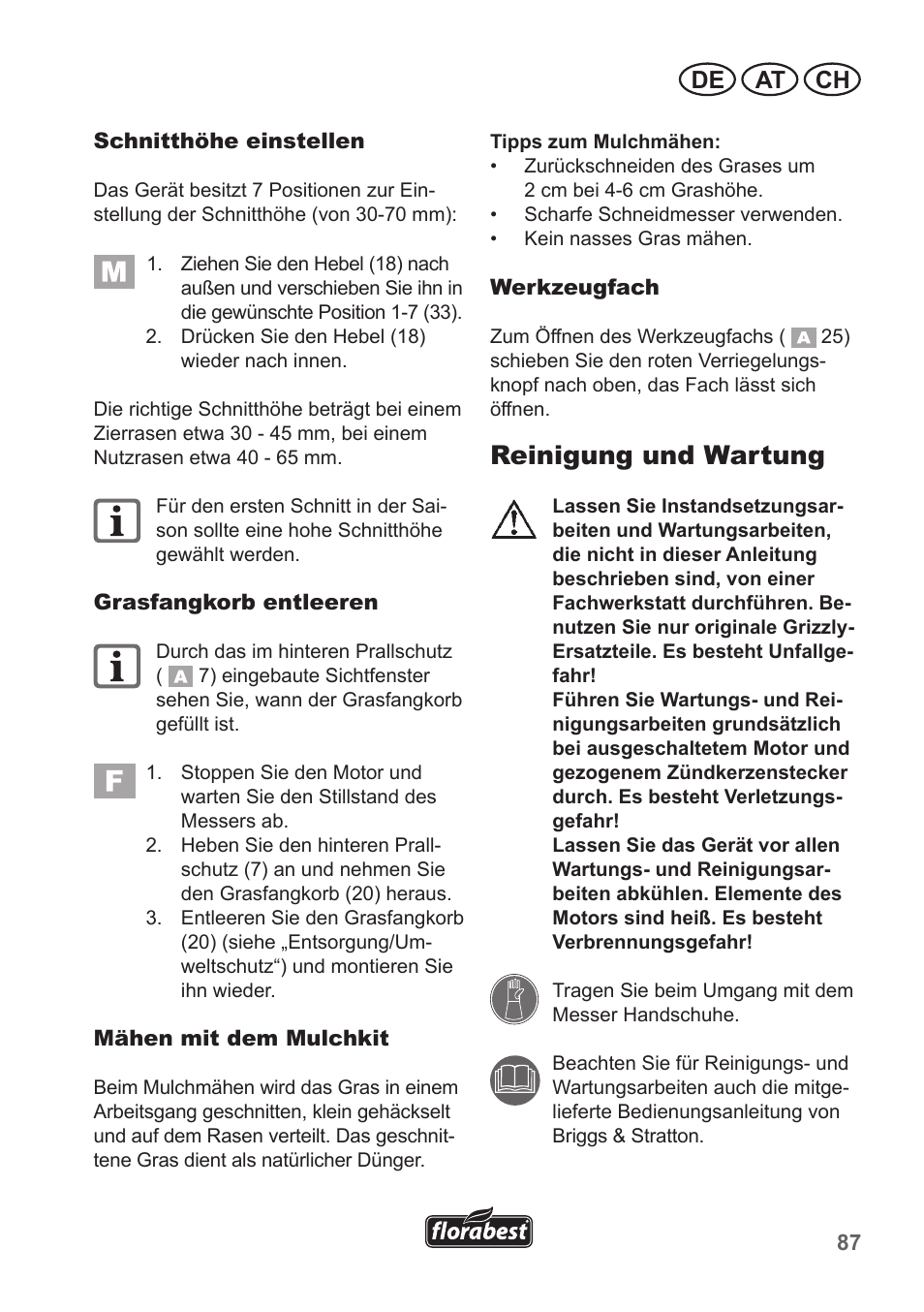 Reinigung und wartung, De at ch | Florabest FBM 190 A1 User Manual | Page 87 / 100