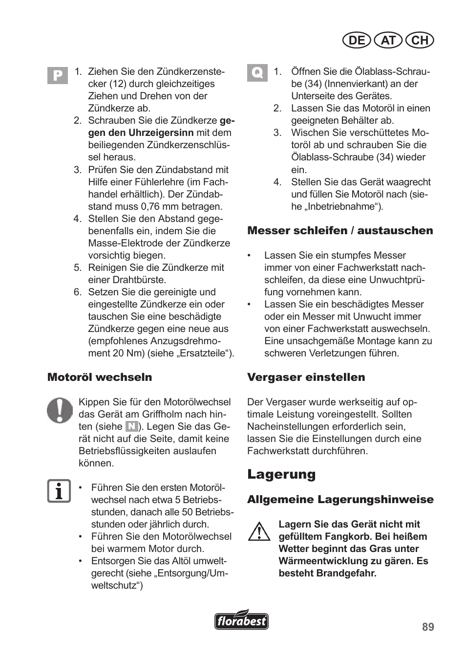 Lagerung, De at ch | Florabest FBM 190 A1 User Manual | Page 89 / 100