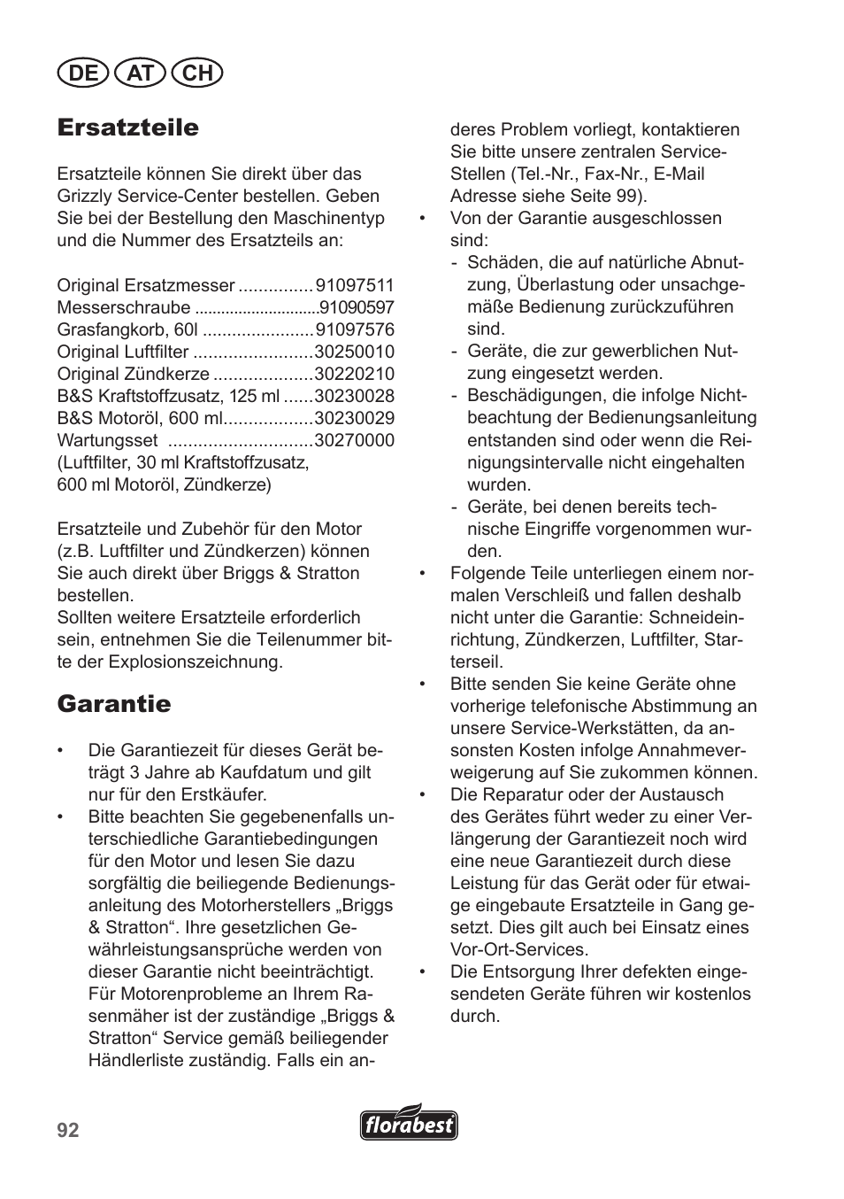 Ersatzteile, Garantie, De at ch | Florabest FBM 190 A1 User Manual | Page 92 / 100