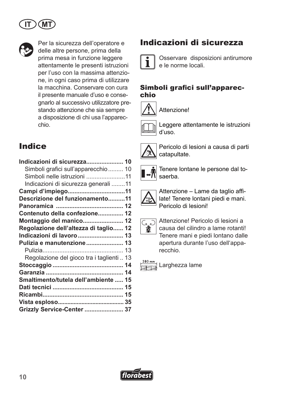 Indicazioni di sicurezza, Indice, It mt | Florabest FHM 38 A1 User Manual | Page 10 / 38