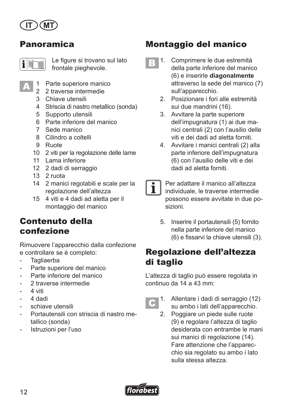 Panoramica, Contenuto della confezione, Montaggio del manico | Regolazione dell’altezza di taglio, It mt | Florabest FHM 38 A1 User Manual | Page 12 / 38