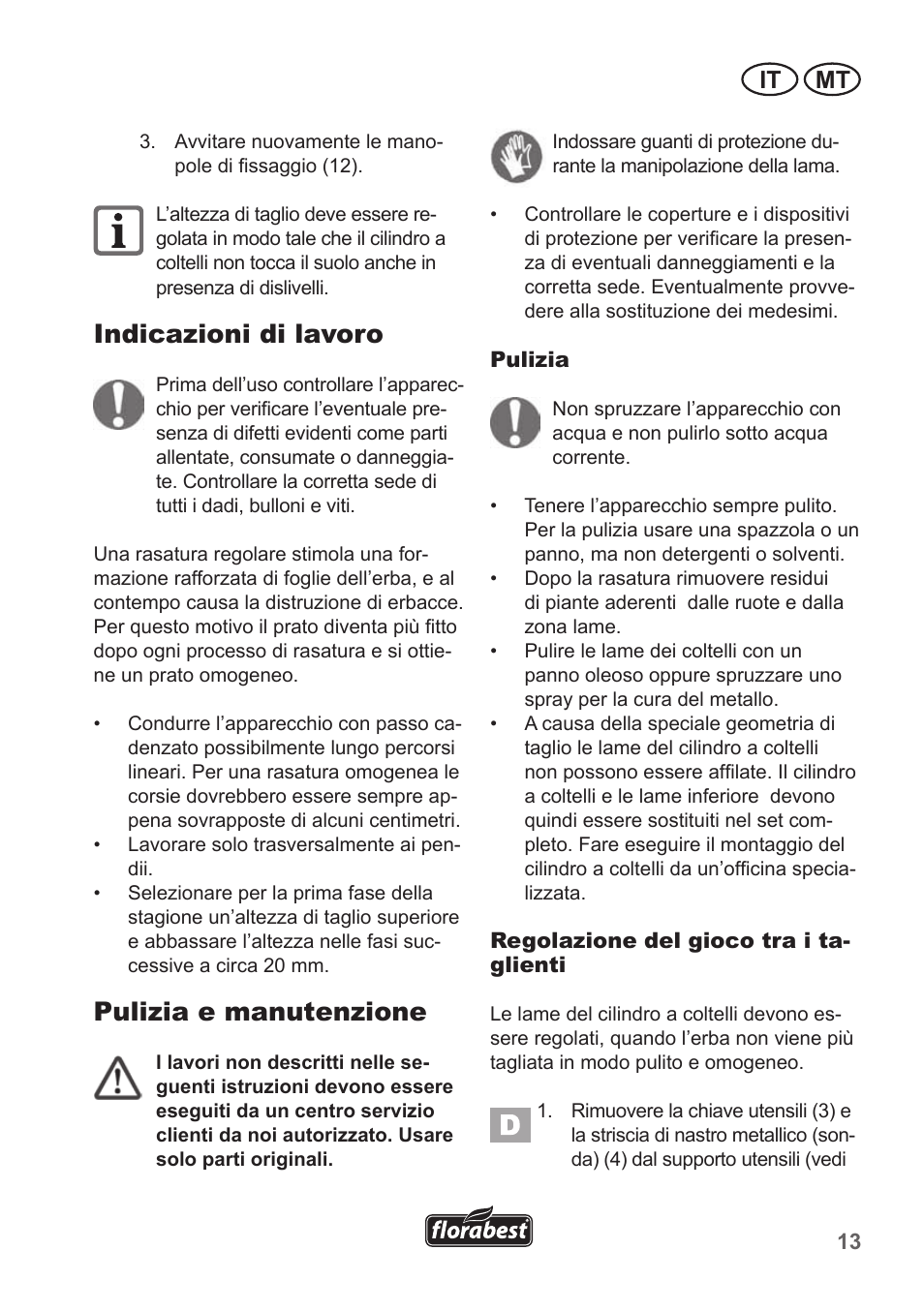 Indicazioni di lavoro, Pulizia e manutenzione, It mt | Florabest FHM 38 A1 User Manual | Page 13 / 38