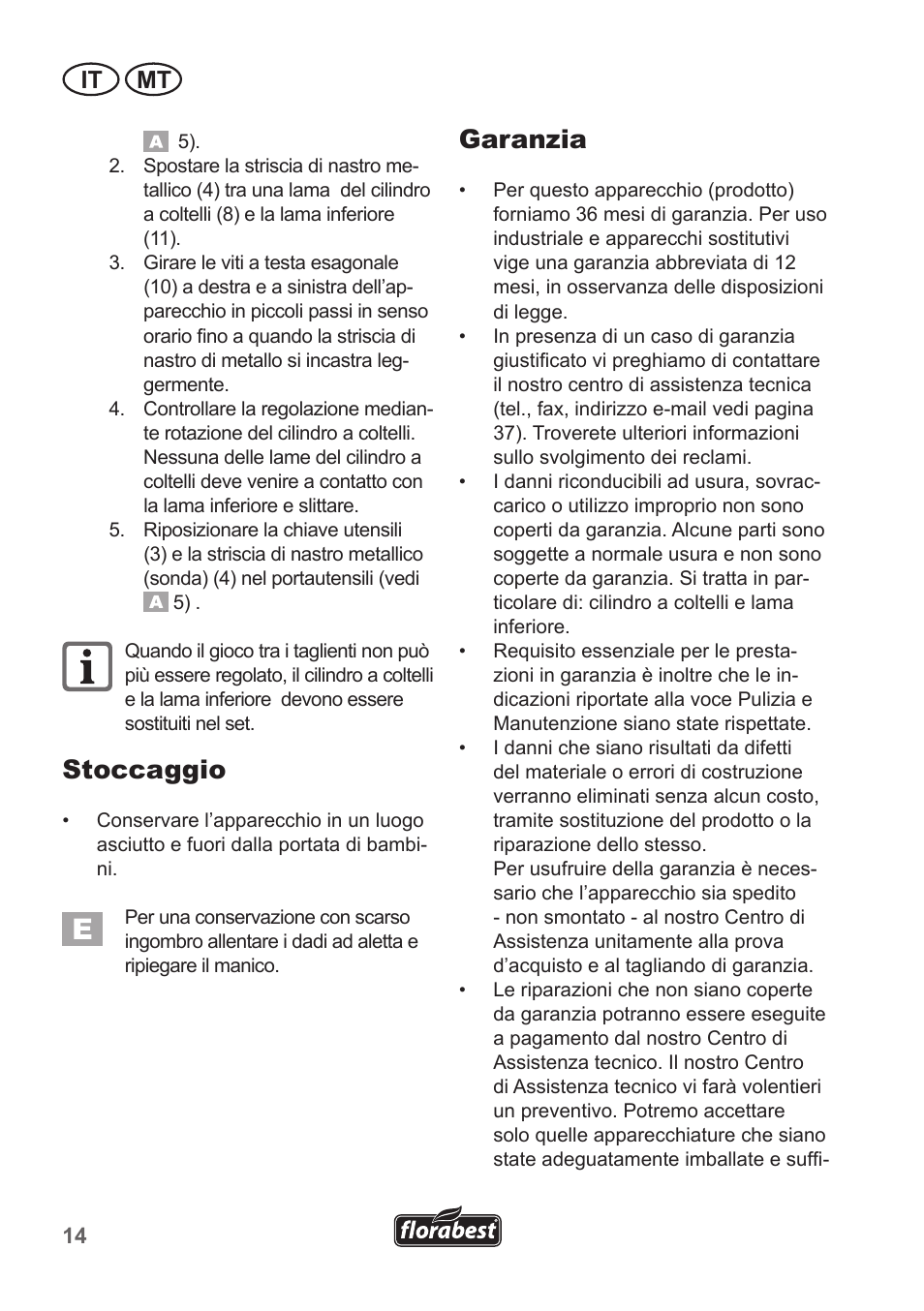 Stoccaggio, Garanzia, It mt | Florabest FHM 38 A1 User Manual | Page 14 / 38