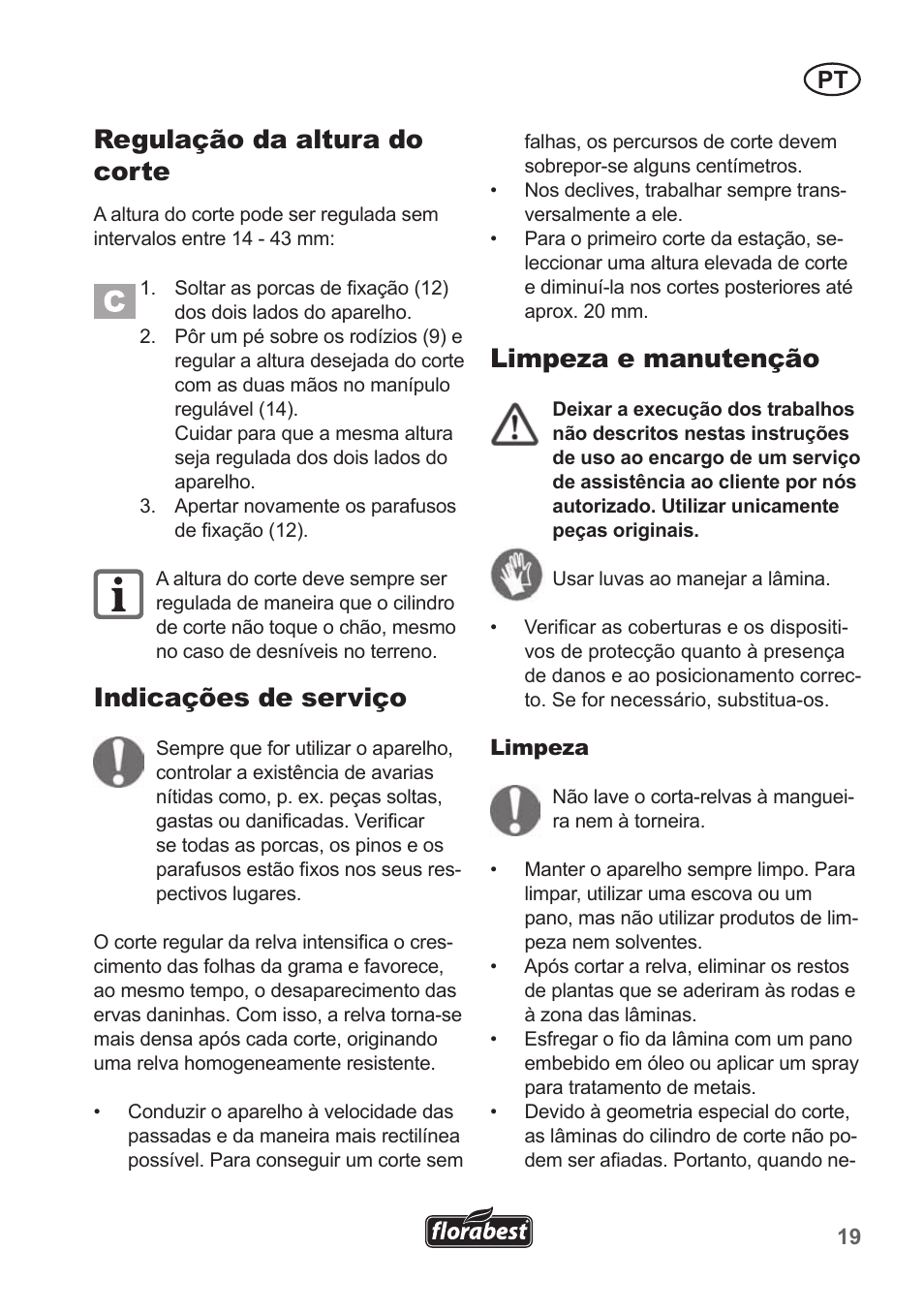 Regulação da altura do corte, Indicações de serviço, Limpeza e manutenção | Florabest FHM 38 A1 User Manual | Page 19 / 38