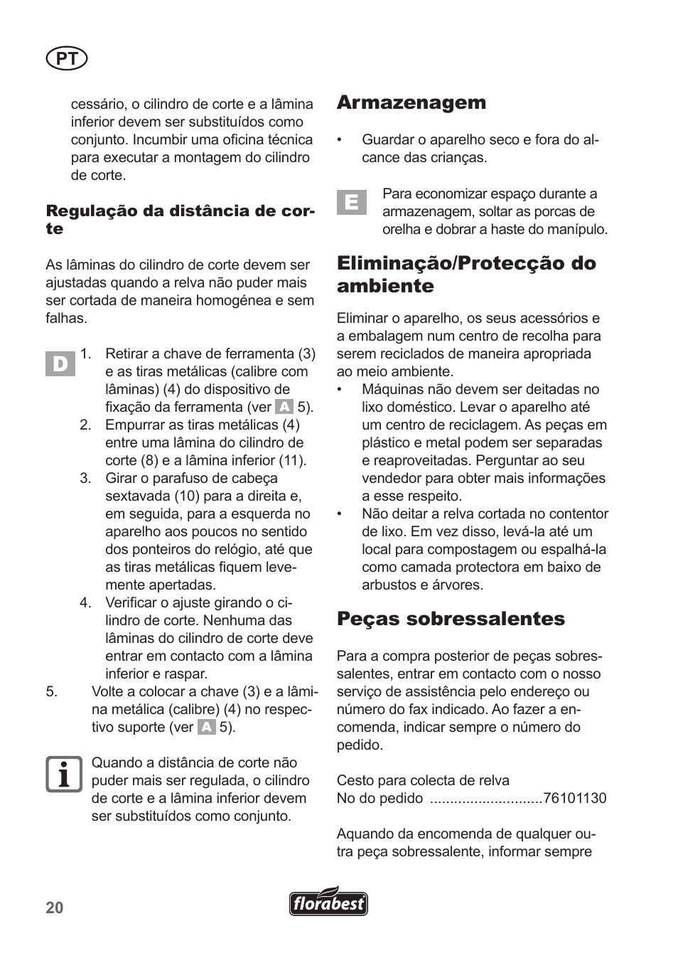 Armazenagem, Eliminação/protecção do ambiente, Peças sobressalentes | Florabest FHM 38 A1 User Manual | Page 20 / 38