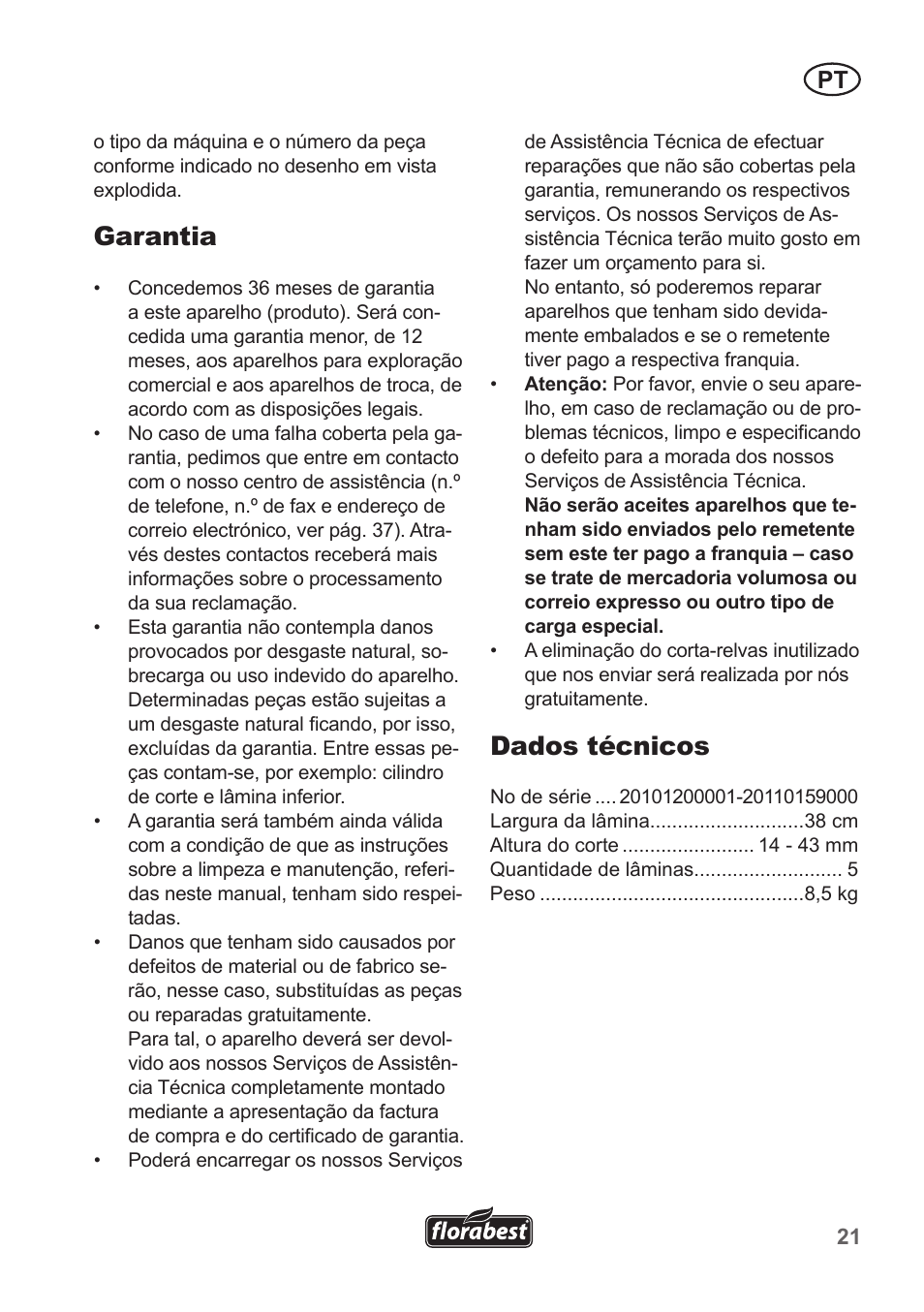 Garantia, Dados técnicos | Florabest FHM 38 A1 User Manual | Page 21 / 38