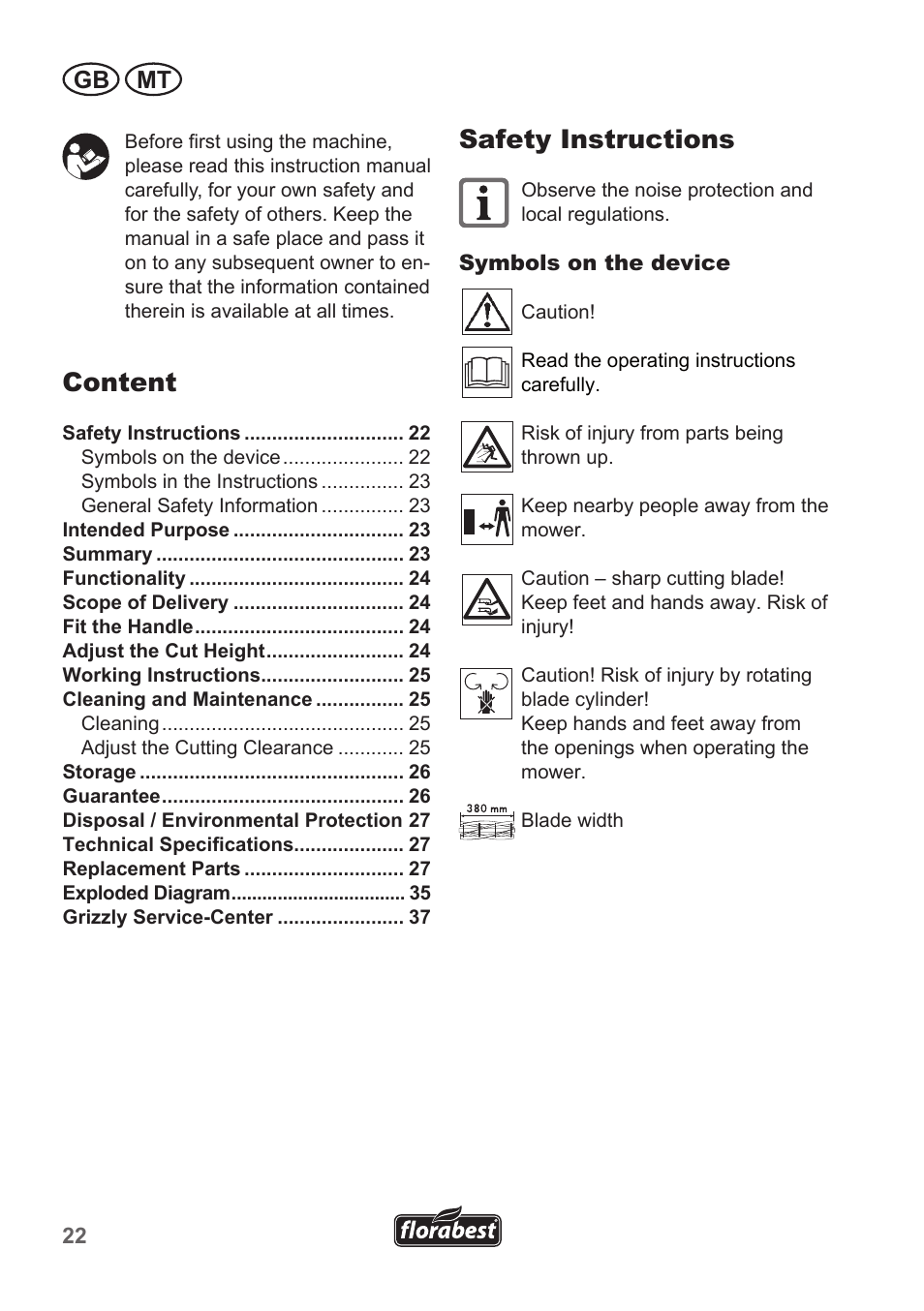 Safety instructions, Content, Gb mt | Florabest FHM 38 A1 User Manual | Page 22 / 38