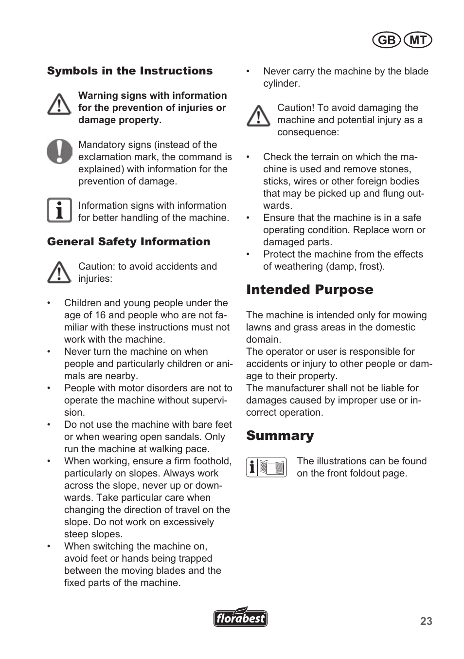 Intended purpose, Summary, Gb mt | Florabest FHM 38 A1 User Manual | Page 23 / 38