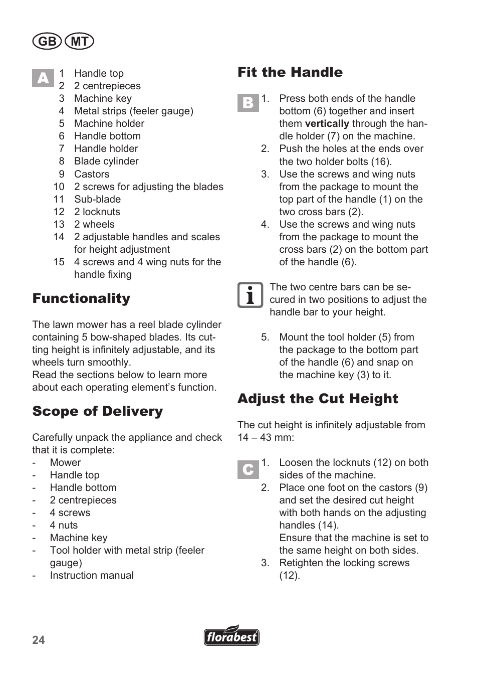 Functionality, Scope of delivery, Fit the handle | Adjust the cut height, Gb mt | Florabest FHM 38 A1 User Manual | Page 24 / 38