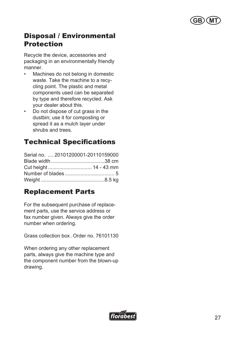 Disposal / environmental protection, Technical specifications, Replacement parts | Gb mt | Florabest FHM 38 A1 User Manual | Page 27 / 38