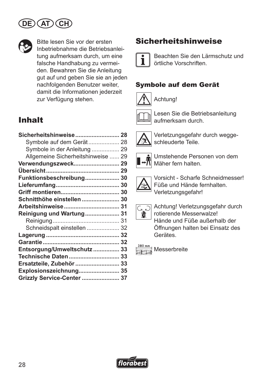Sicherheitshinweise, Inhalt, De at ch | Florabest FHM 38 A1 User Manual | Page 28 / 38