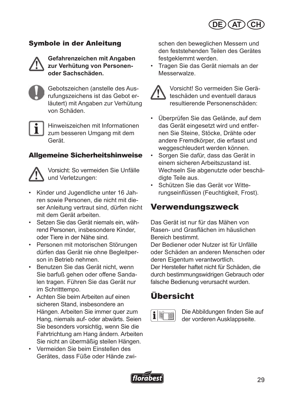 Verwendungszweck, Übersicht, De at ch | Florabest FHM 38 A1 User Manual | Page 29 / 38