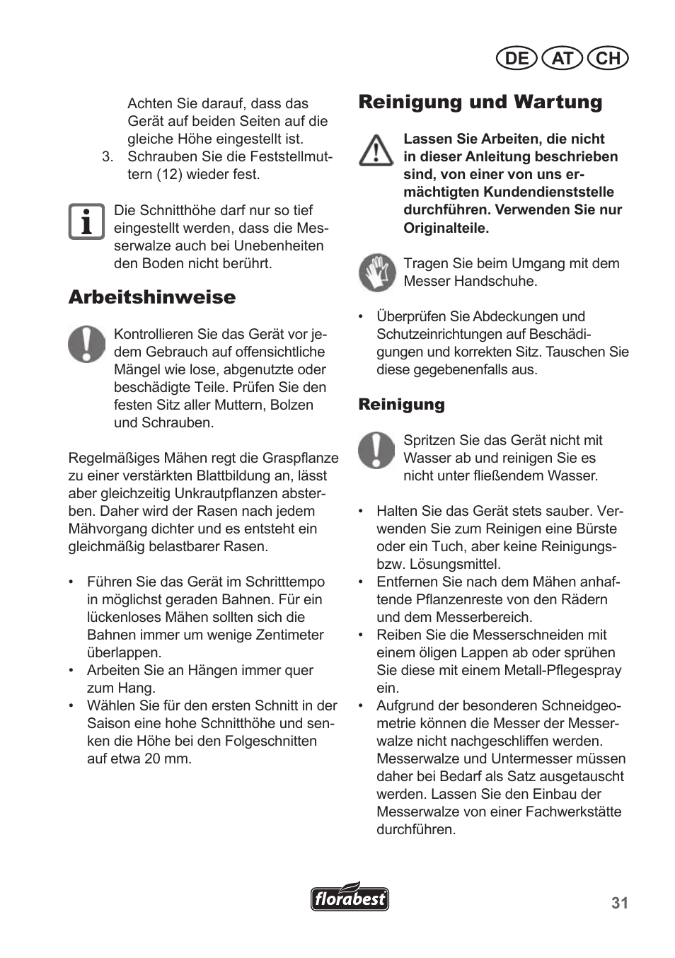 Arbeitshinweise, Reinigung und wartung, De at ch | Florabest FHM 38 A1 User Manual | Page 31 / 38