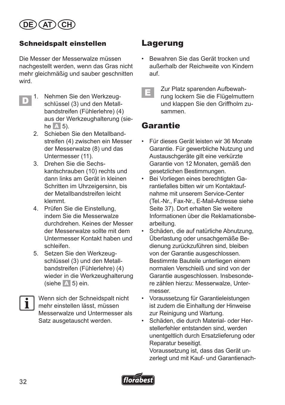Lagerung, Garantie, De at ch | Florabest FHM 38 A1 User Manual | Page 32 / 38