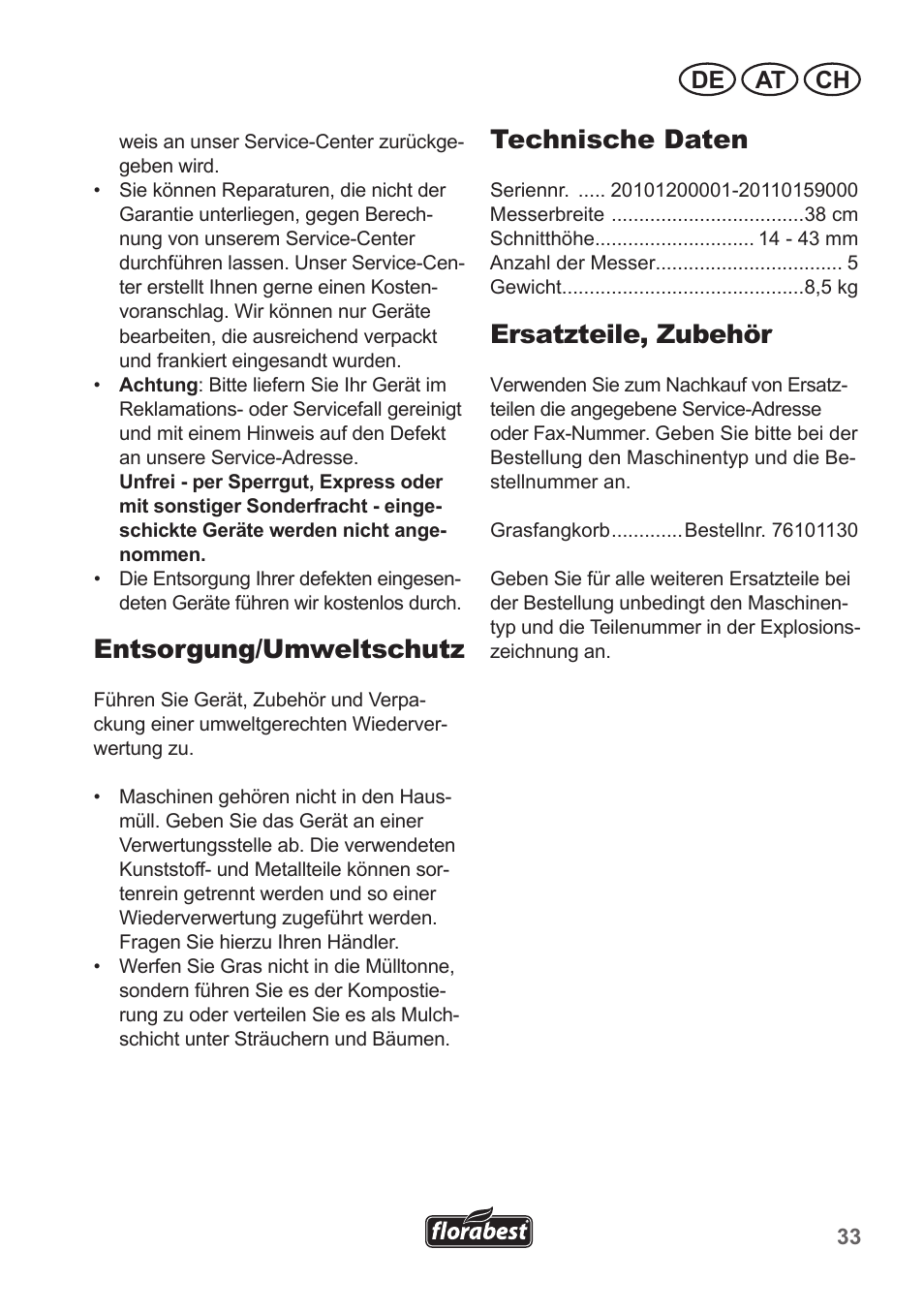 Entsorgung/umweltschutz, Technische daten, Ersatzteile, zubehör | De at ch | Florabest FHM 38 A1 User Manual | Page 33 / 38