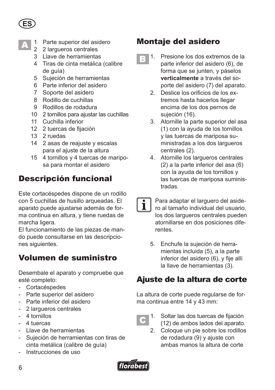 Descripción funcional, Volumen de suministro, Montaje del asidero | Ajuste de la altura de corte | Florabest FHM 38 A1 User Manual | Page 6 / 38