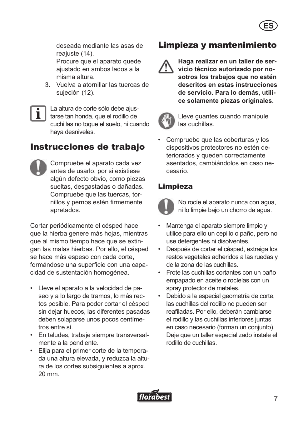 Instrucciones de trabajo, Limpieza y mantenimiento | Florabest FHM 38 A1 User Manual | Page 7 / 38