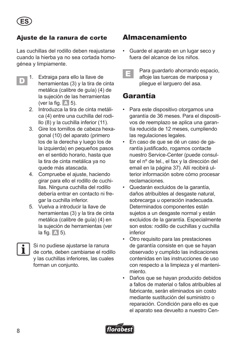 Almacenamiento, Garantía | Florabest FHM 38 A1 User Manual | Page 8 / 38