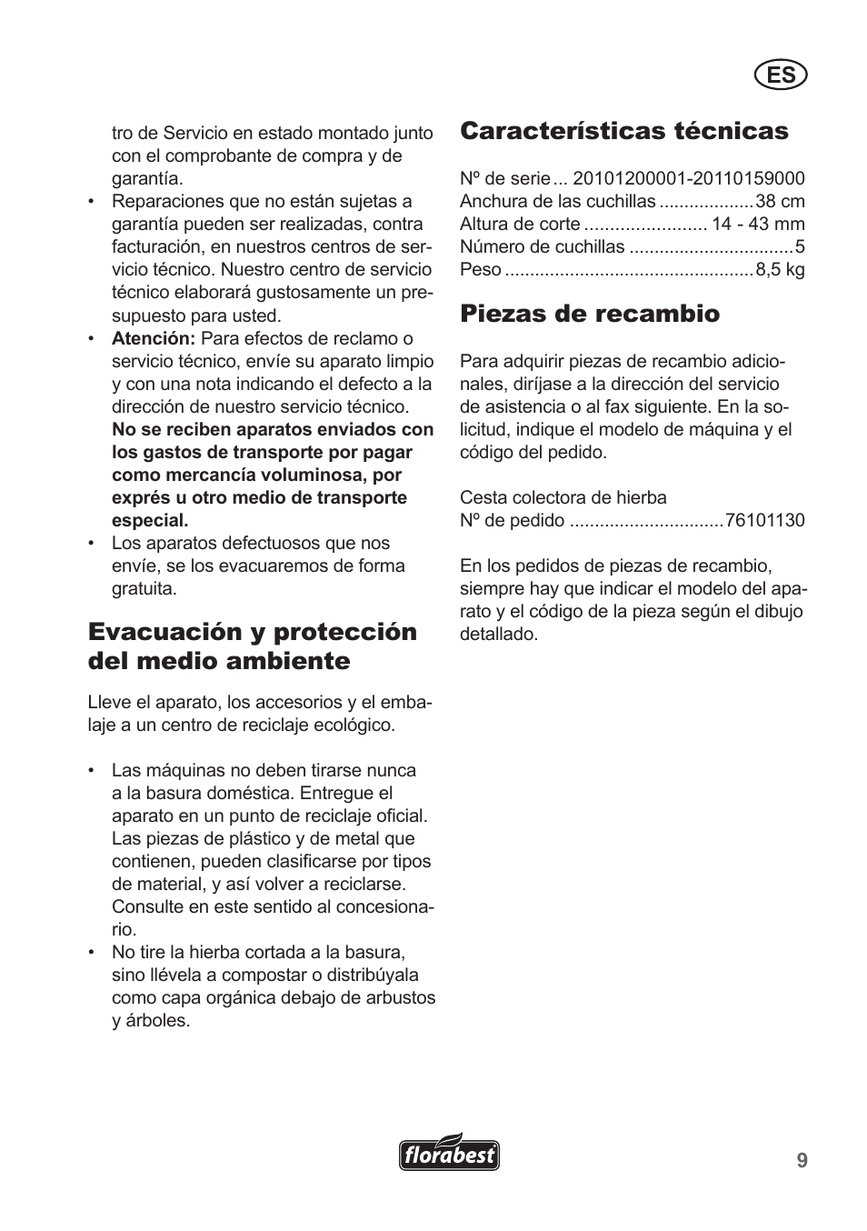 Evacuación y protección del medio ambiente, Características técnicas, Piezas de recambio | Florabest FHM 38 A1 User Manual | Page 9 / 38