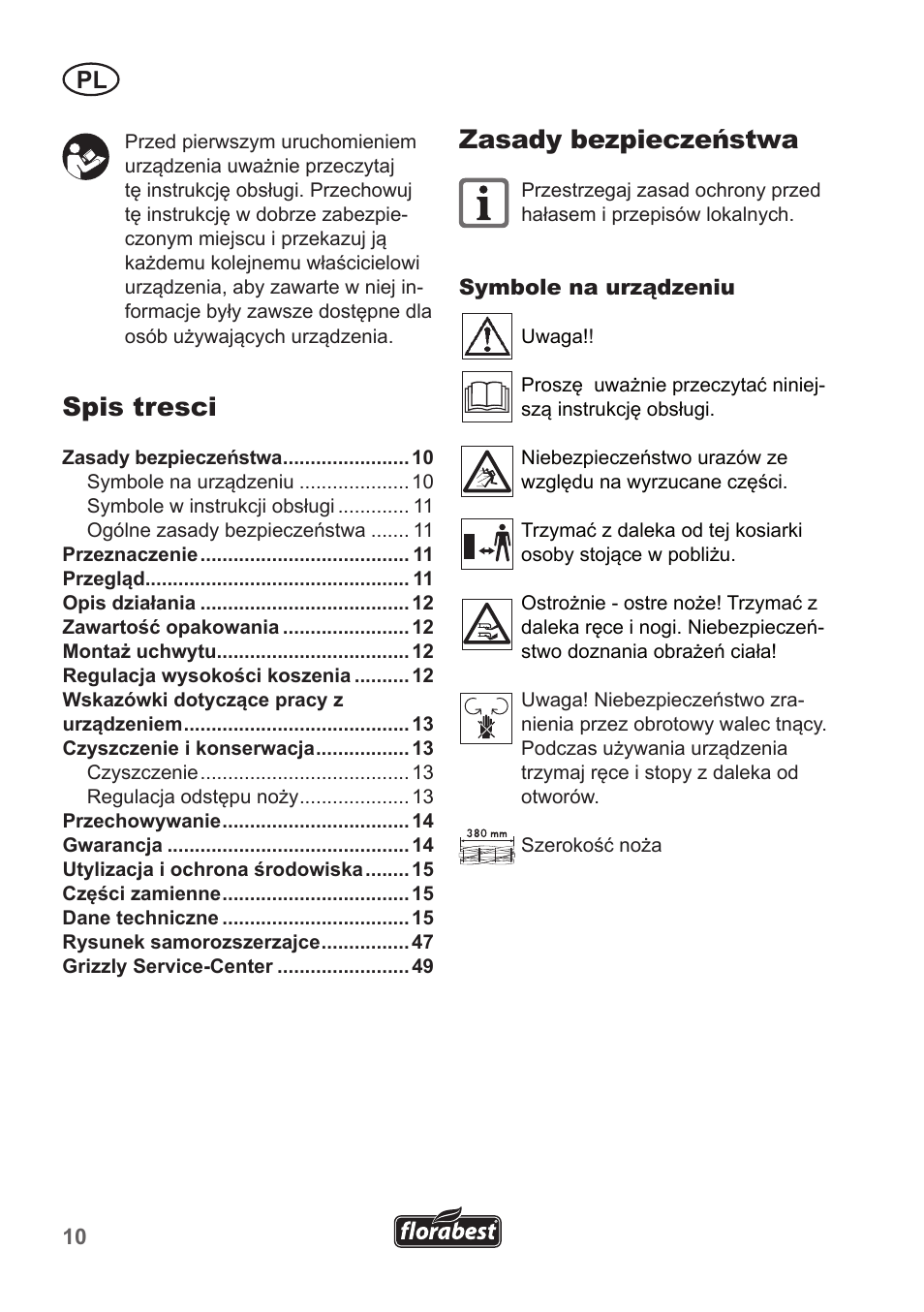 Zasady bezpieczeństwa, Spis tresci | Florabest FHM 38 A1 User Manual | Page 10 / 50
