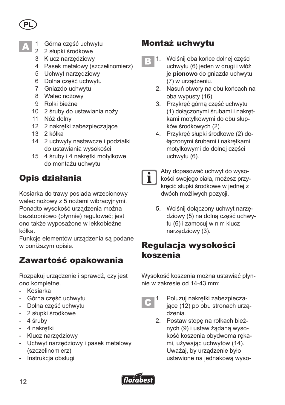 Opis działania, Zawartość opakowania, Montaż uchwytu | Regulacja wysokości koszenia | Florabest FHM 38 A1 User Manual | Page 12 / 50