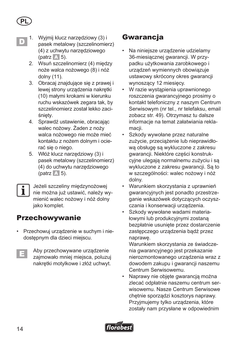 Przechowywanie, Gwarancja | Florabest FHM 38 A1 User Manual | Page 14 / 50