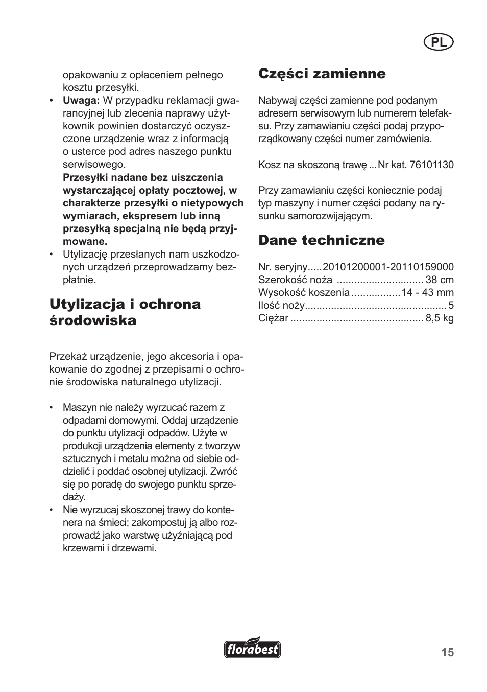 Utylizacja i ochrona środowiska, Części zamienne, Dane techniczne | Florabest FHM 38 A1 User Manual | Page 15 / 50