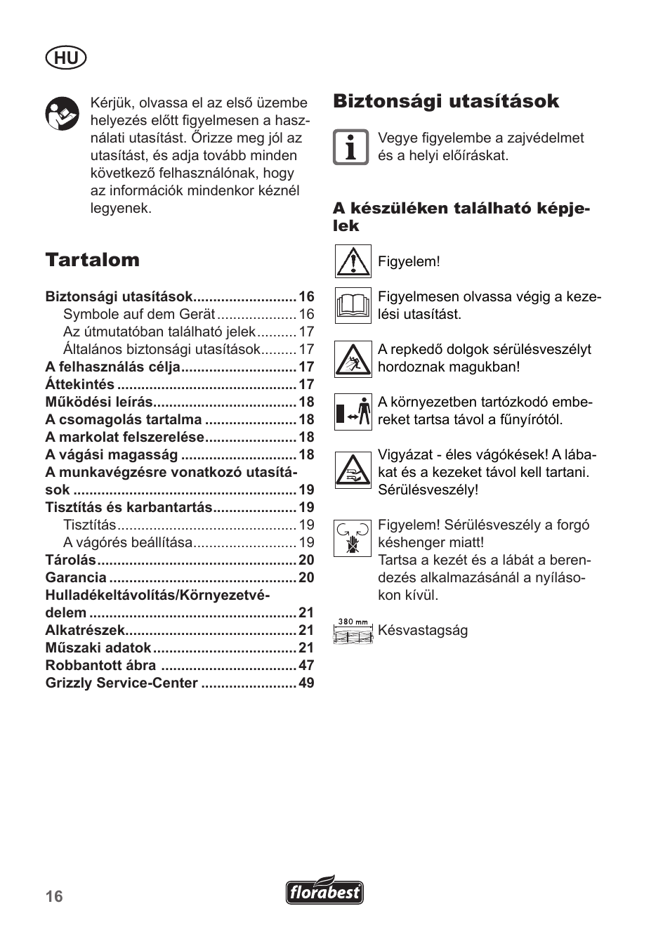 Biztonsági utasítások, Tartalom | Florabest FHM 38 A1 User Manual | Page 16 / 50