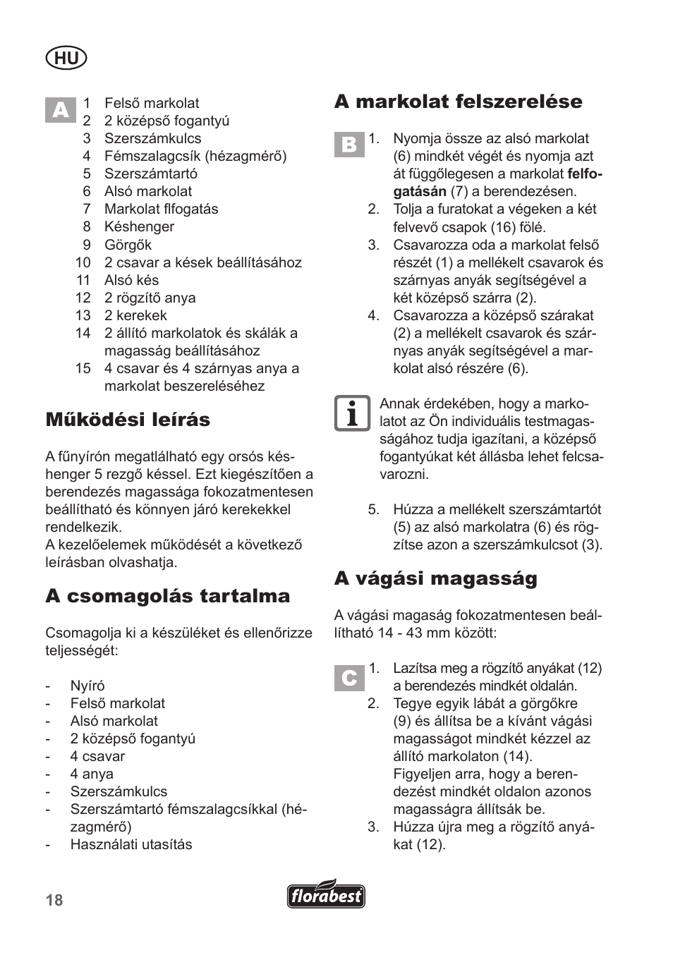 Működési leírás, A csomagolás tartalma, A markolat felszerelése | A vágási magasság | Florabest FHM 38 A1 User Manual | Page 18 / 50