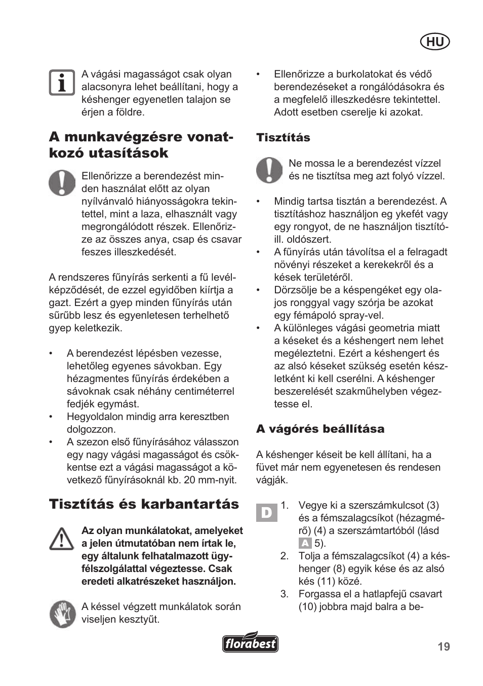A munkavégzésre vonat- kozó utasítások, Tisztítás és karbantartás | Florabest FHM 38 A1 User Manual | Page 19 / 50