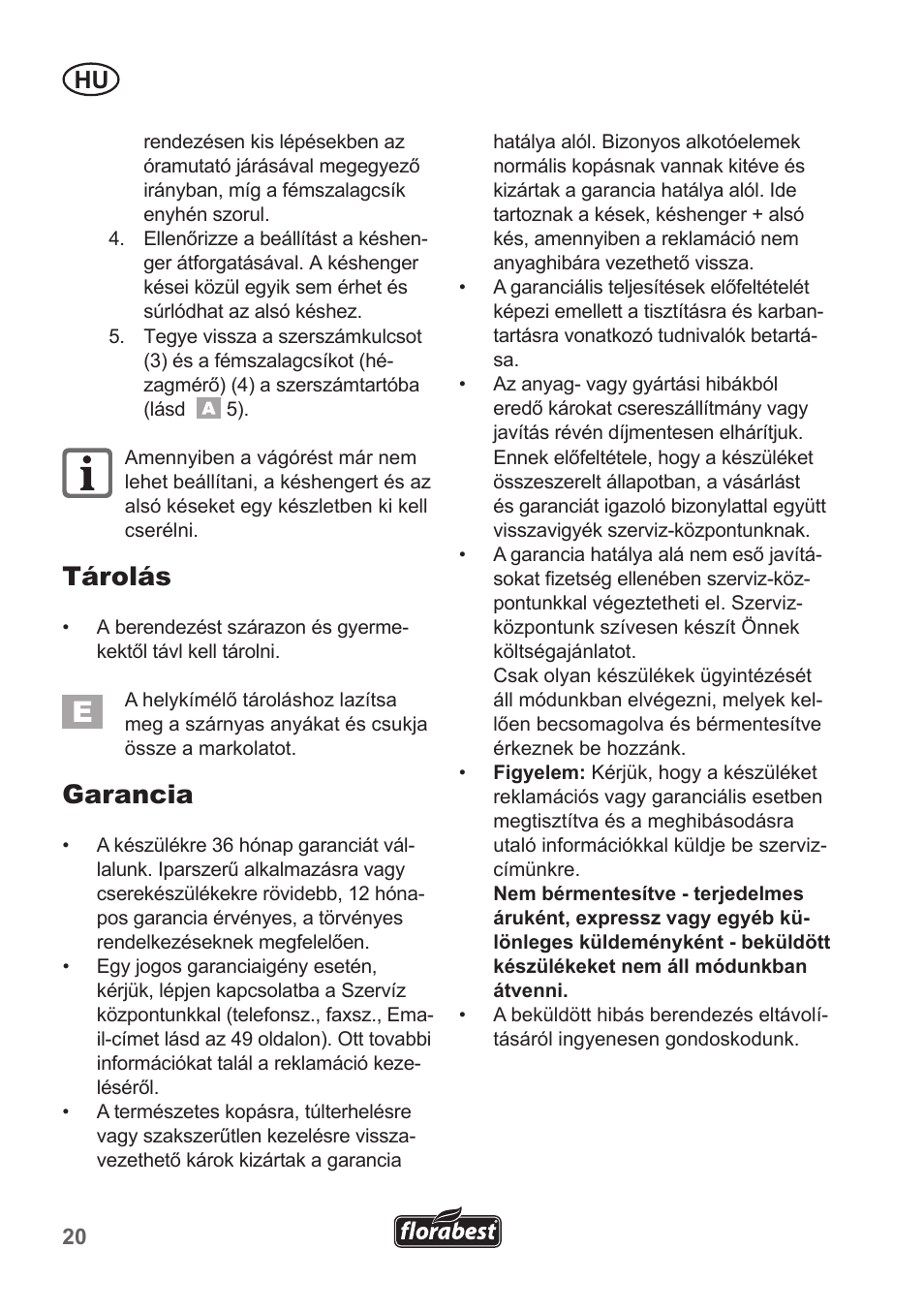 Tárolás, Garancia | Florabest FHM 38 A1 User Manual | Page 20 / 50