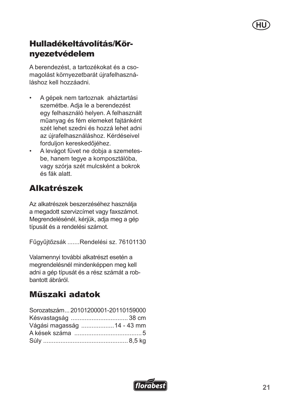 Hulladékeltávolítás/kör- nyezetvédelem, Alkatrészek, Műszaki adatok | Florabest FHM 38 A1 User Manual | Page 21 / 50