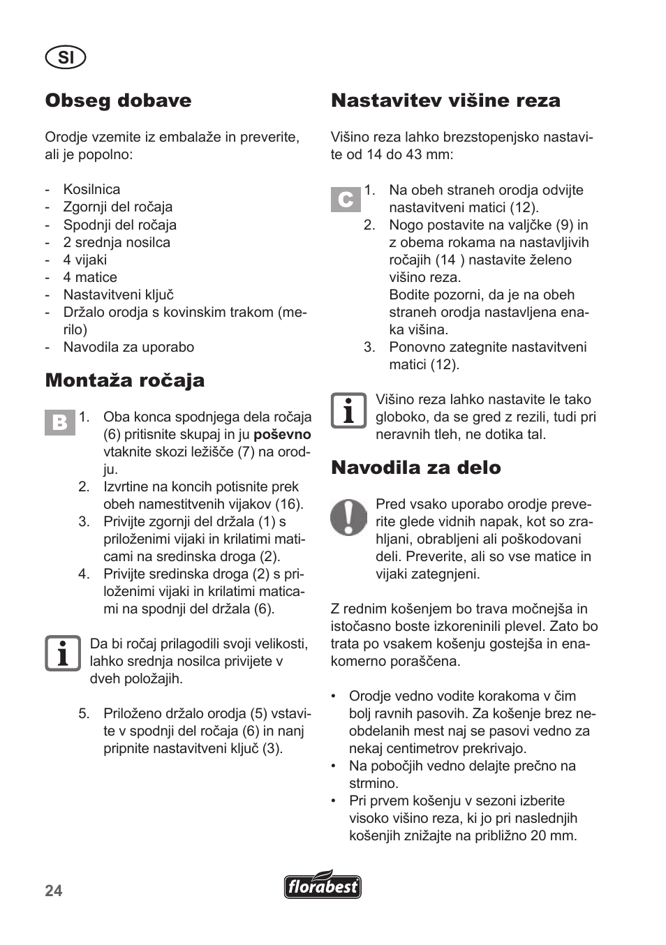 Obseg dobave, Montaža ročaja, Nastavitev višine reza | Navodila za delo | Florabest FHM 38 A1 User Manual | Page 24 / 50