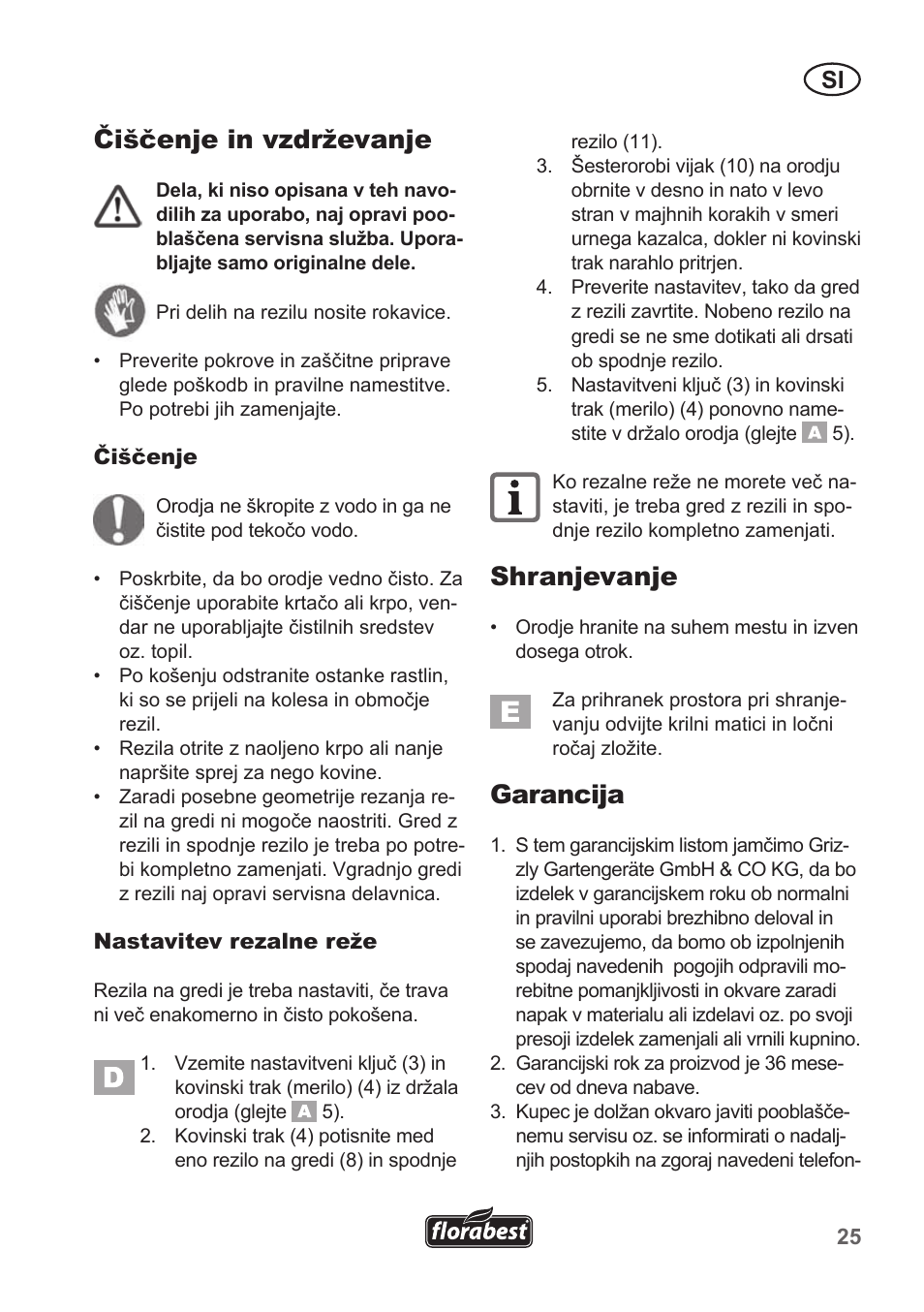 Čiščenje in vzdrževanje, Shranjevanje, Garancija | Florabest FHM 38 A1 User Manual | Page 25 / 50