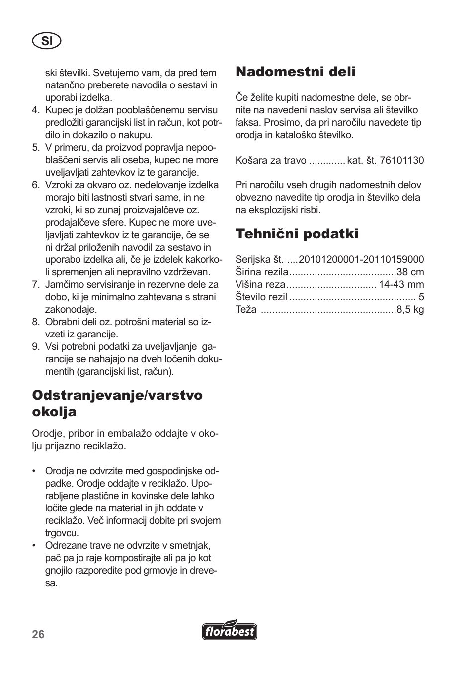 Odstranjevanje/varstvo okolja, Nadomestni deli, Tehnični podatki | Florabest FHM 38 A1 User Manual | Page 26 / 50