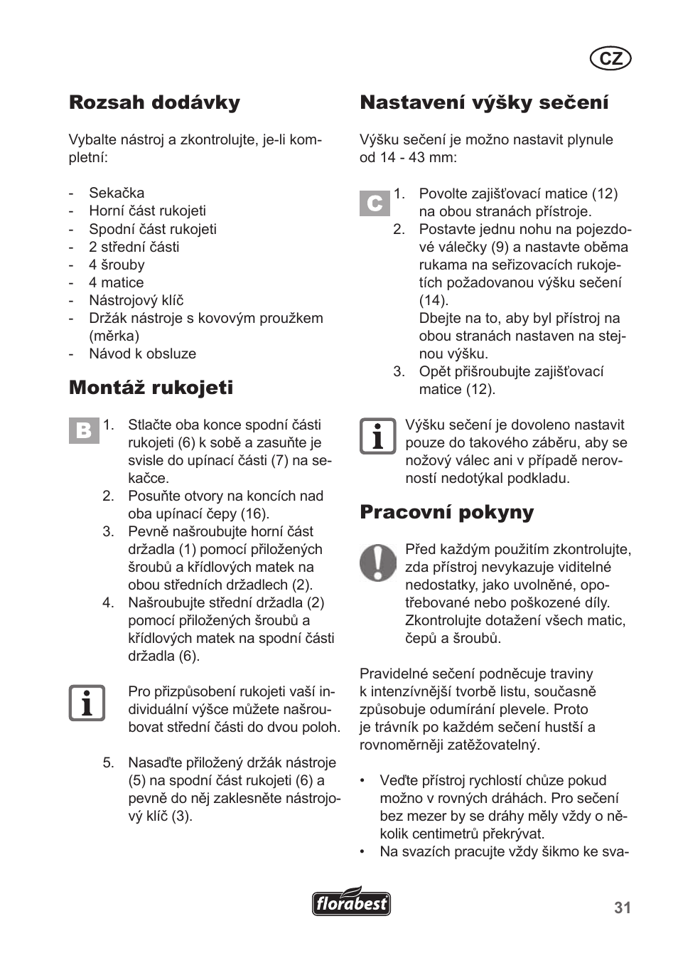 Rozsah dodávky, Montáž rukojeti, Nastavení výšky sečení | Pracovní pokyny | Florabest FHM 38 A1 User Manual | Page 31 / 50