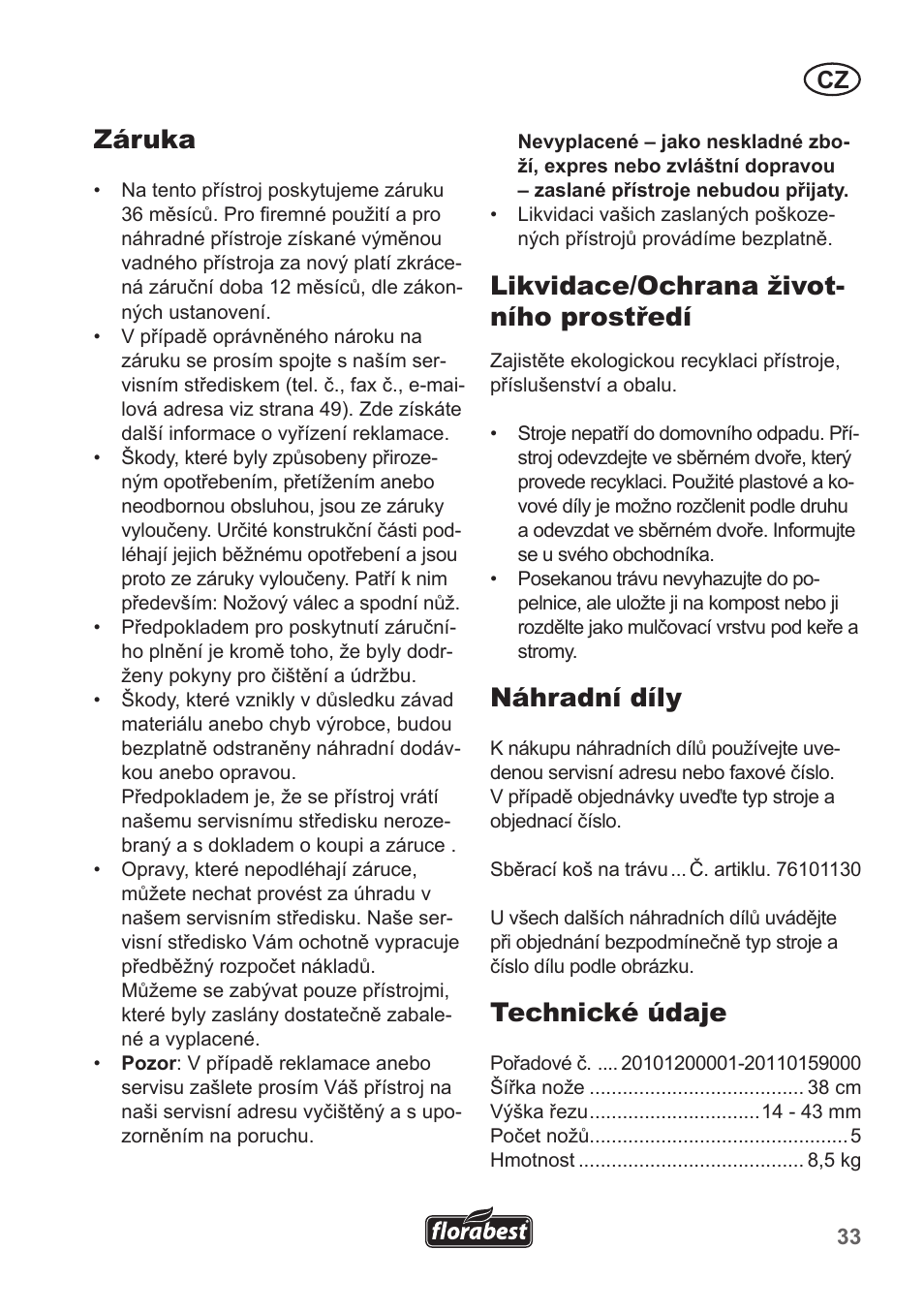 Záruka, Likvidace/ochrana život- ního prostředí, Náhradní díly | Technické údaje | Florabest FHM 38 A1 User Manual | Page 33 / 50